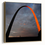 Framed canvas of St. Louis skyline in silver and gold tones, ideal for bedroom wall art.