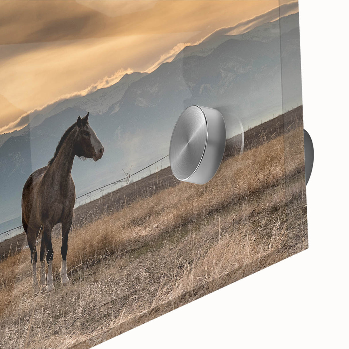 Mid-century modernist large abstract wall art of Montana scenery in muted earth tones on acrylic glass.