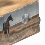 Mid-century modernist large abstract wall art of Montana scenery in muted earth tones on acrylic glass.