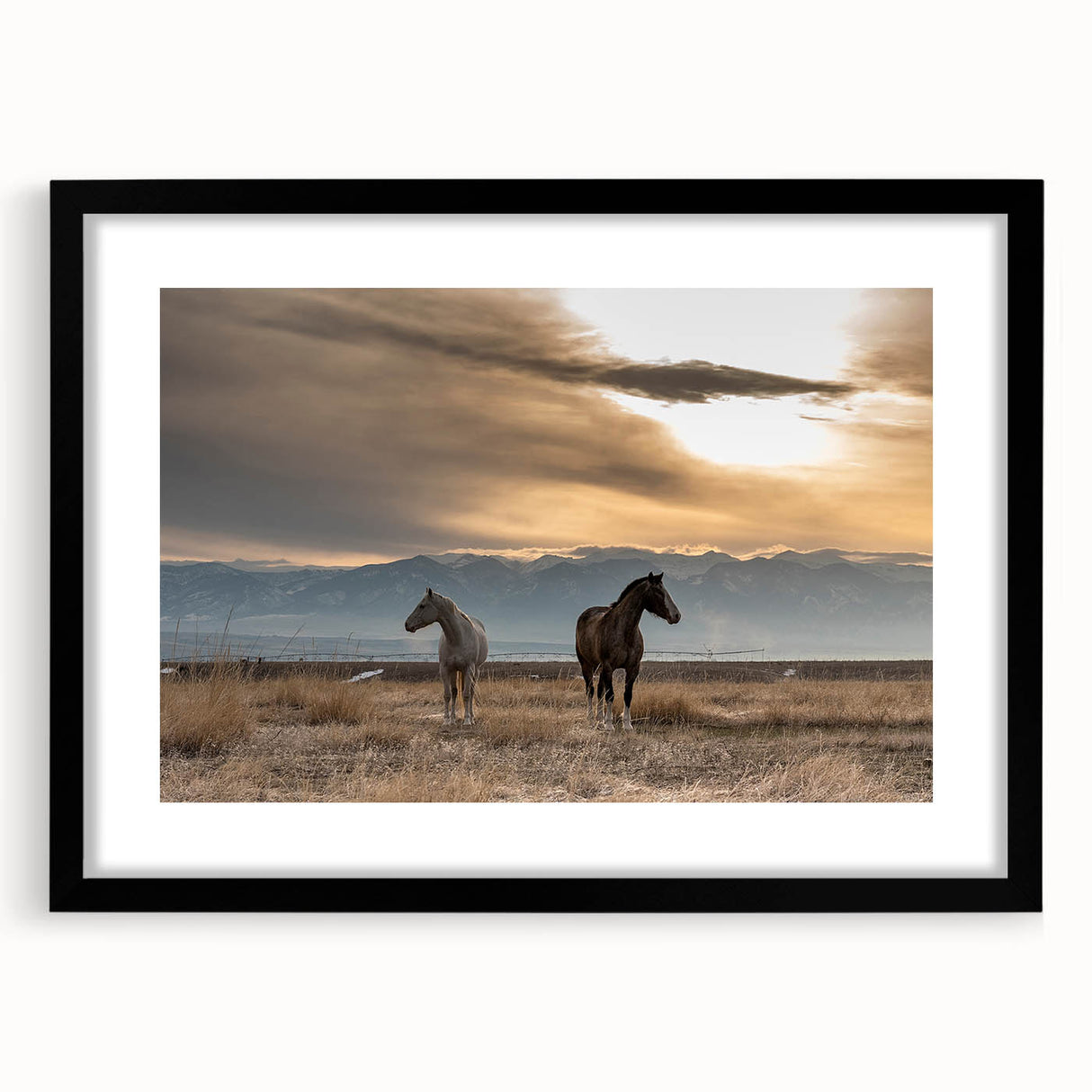 Extra large abstract art print of colorful, textured Montana scenery on a black-framed canvas, ideal for living room decor.
