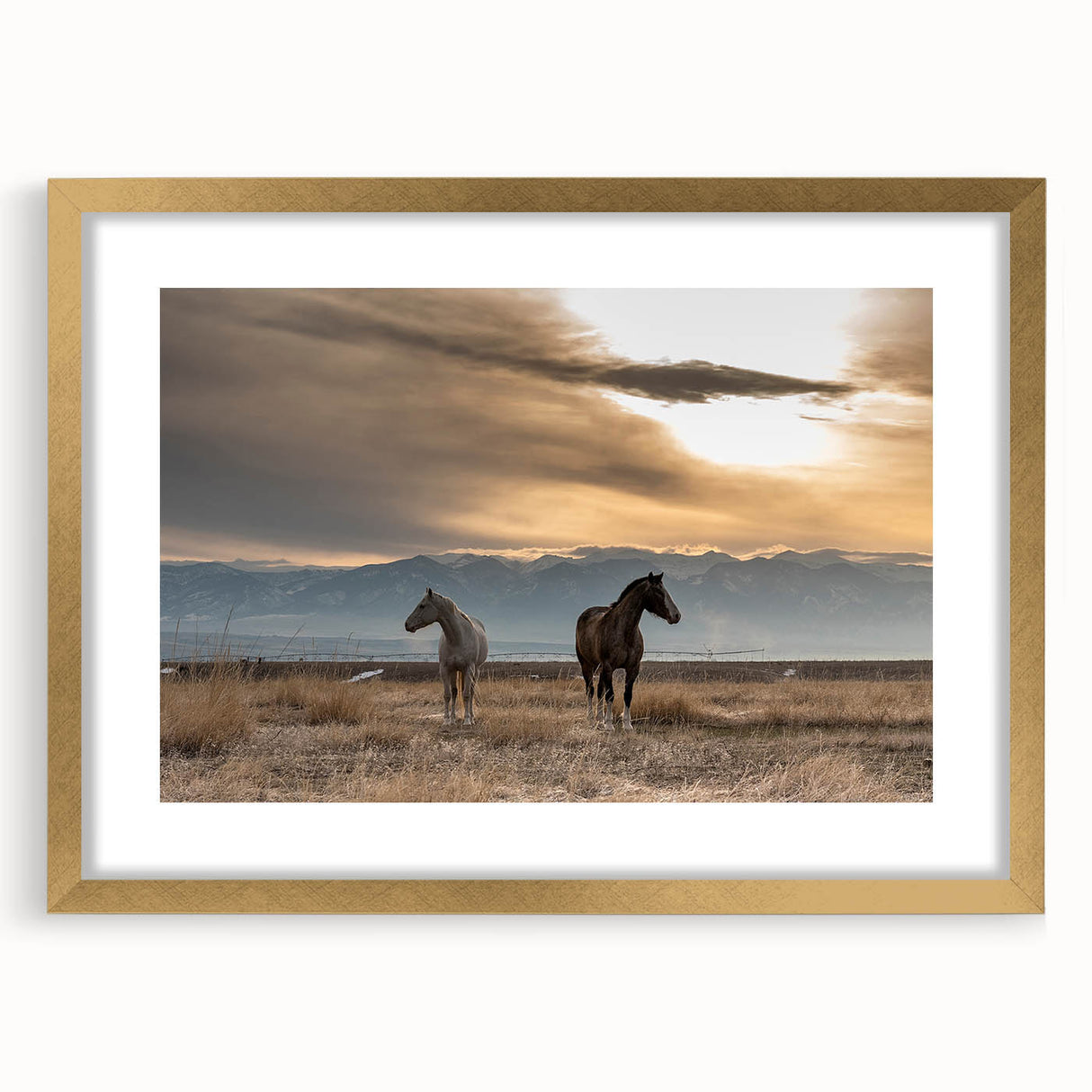Extra large textured abstract art print of Montana scenery in gold frame, ideal for living room decor.