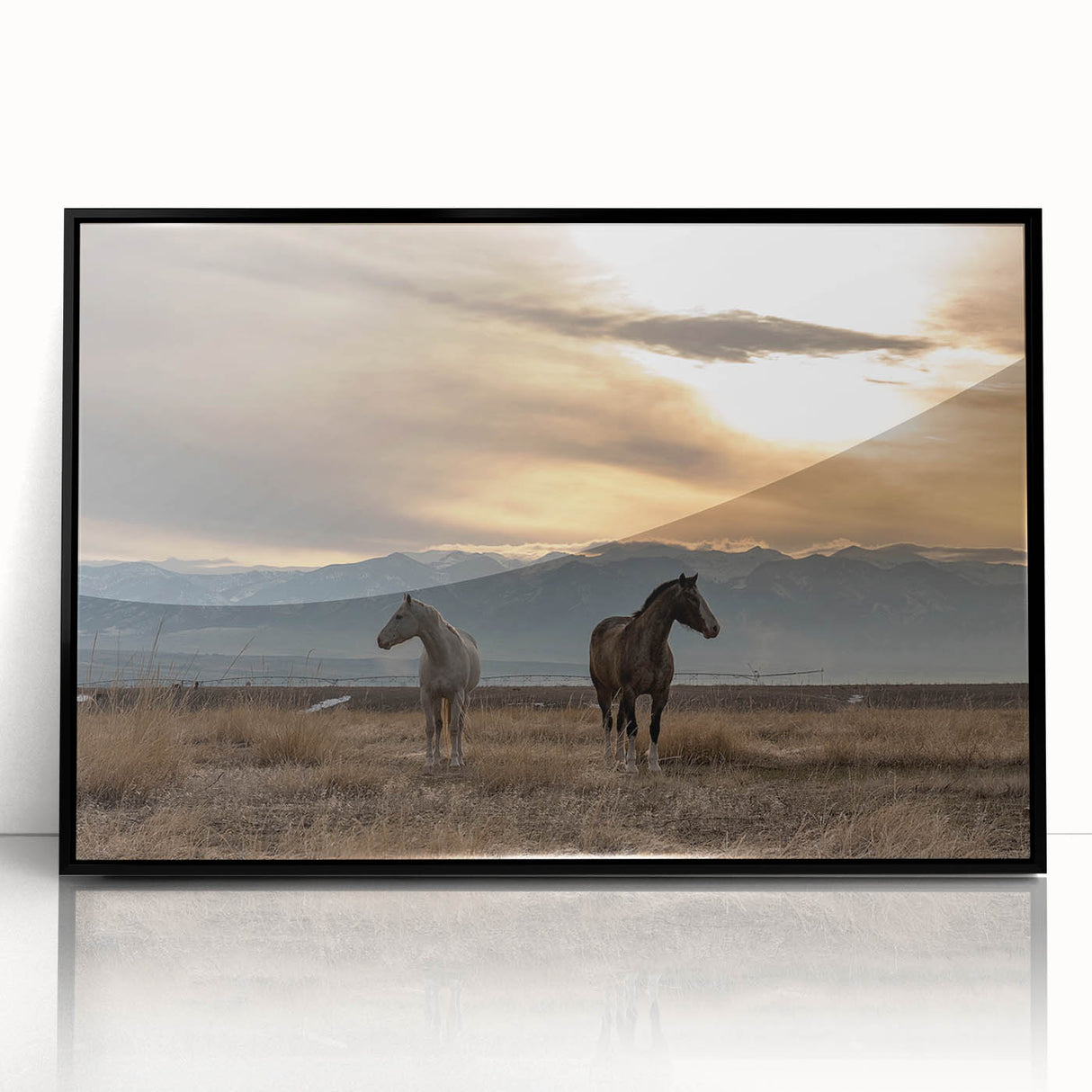 Large abstract wall art depicting a Montana landscape in muted earth tones, framed in black acrylic.