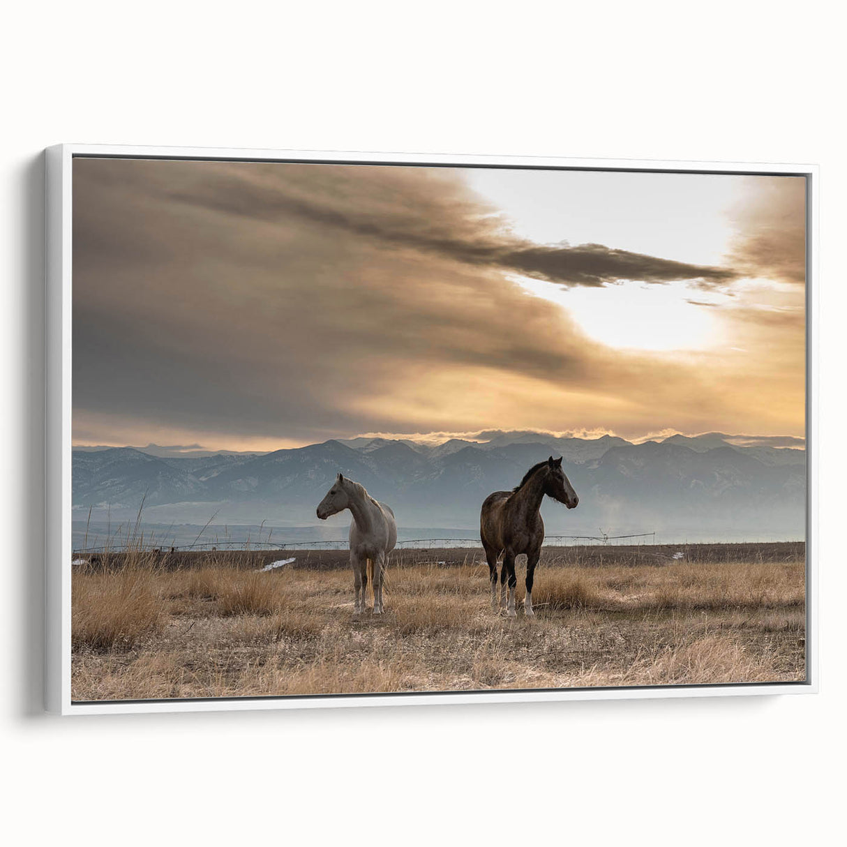Vintage poster art of Montana scenery in colorful tones on a large framed canvas, suited for living room decor.