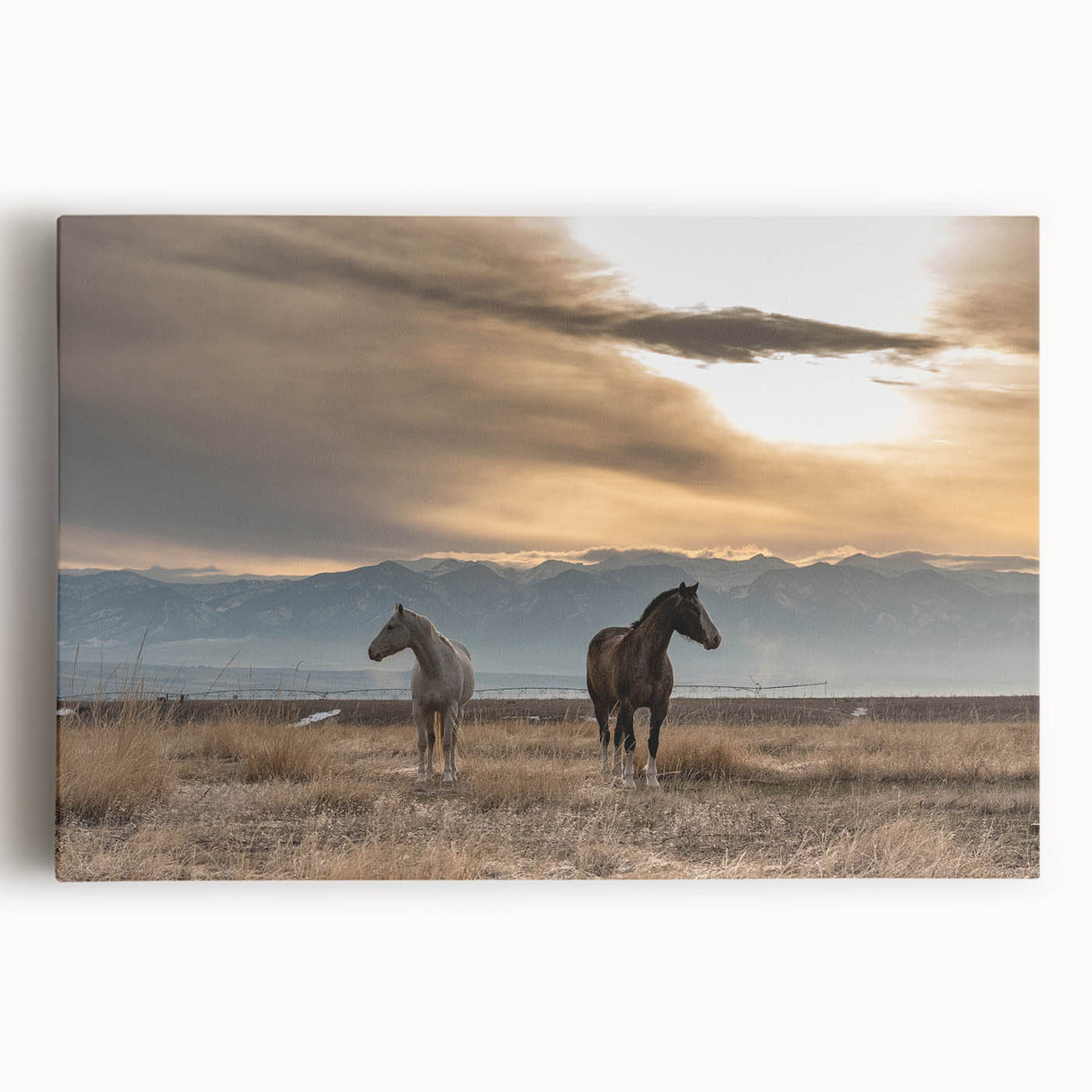 Black and white photograph of a serene Montana landscape on large stretched canvas, ideal for kitchen wall art.