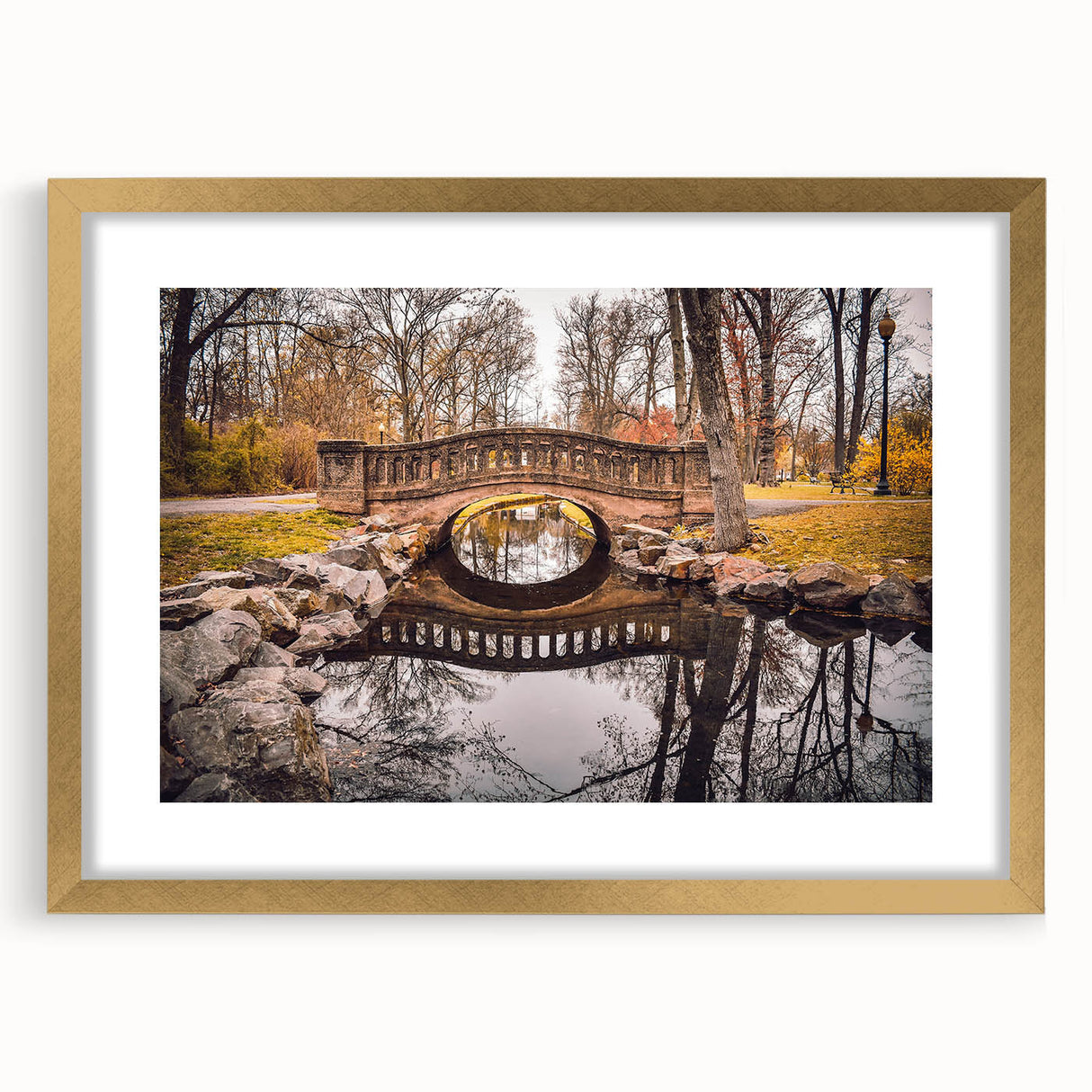 Extra large abstract art print of a textured New Jersey scenery in gold frame, ideal for living room decor.