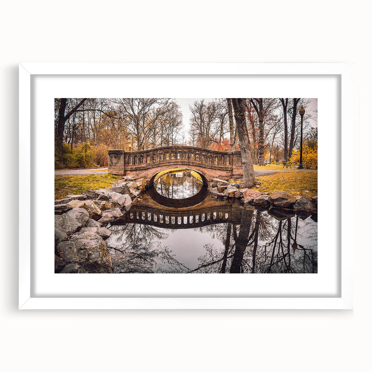 Abstract art print depicting a serene New Jersey landscape in muted earth tones, framed with a white mat.