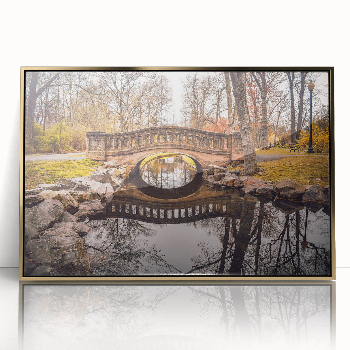 Large art print of a New Jersey scenery in mid-century modernist style, with muted earth tones on a framed acrylic.