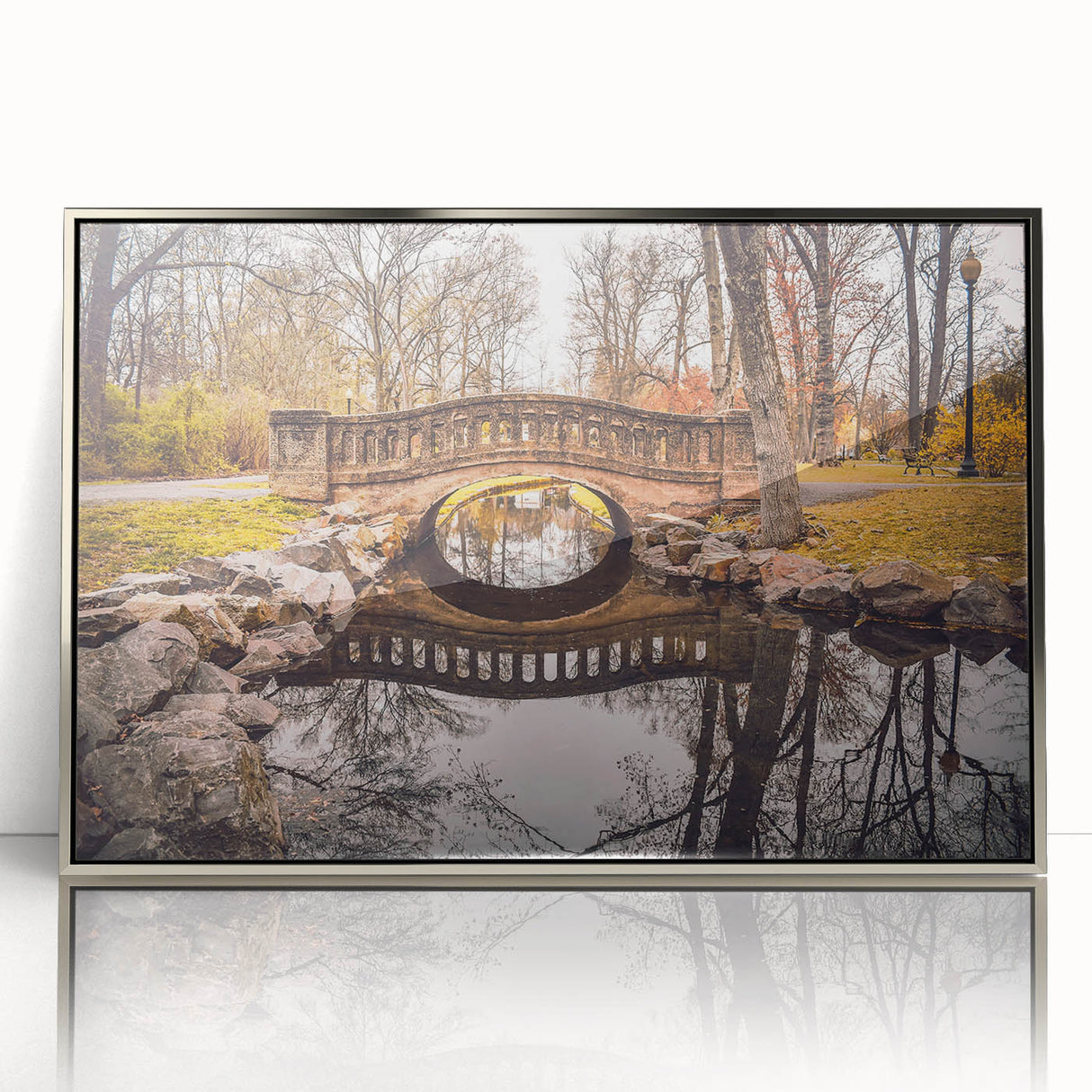 Mid-century modernist art depicting New Jersey scenery in muted earth tones on a silver-framed acrylic print.