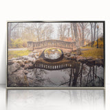 Mid-century modernist art depicting New Jersey scenery in muted earth tones on a silver-framed acrylic print.