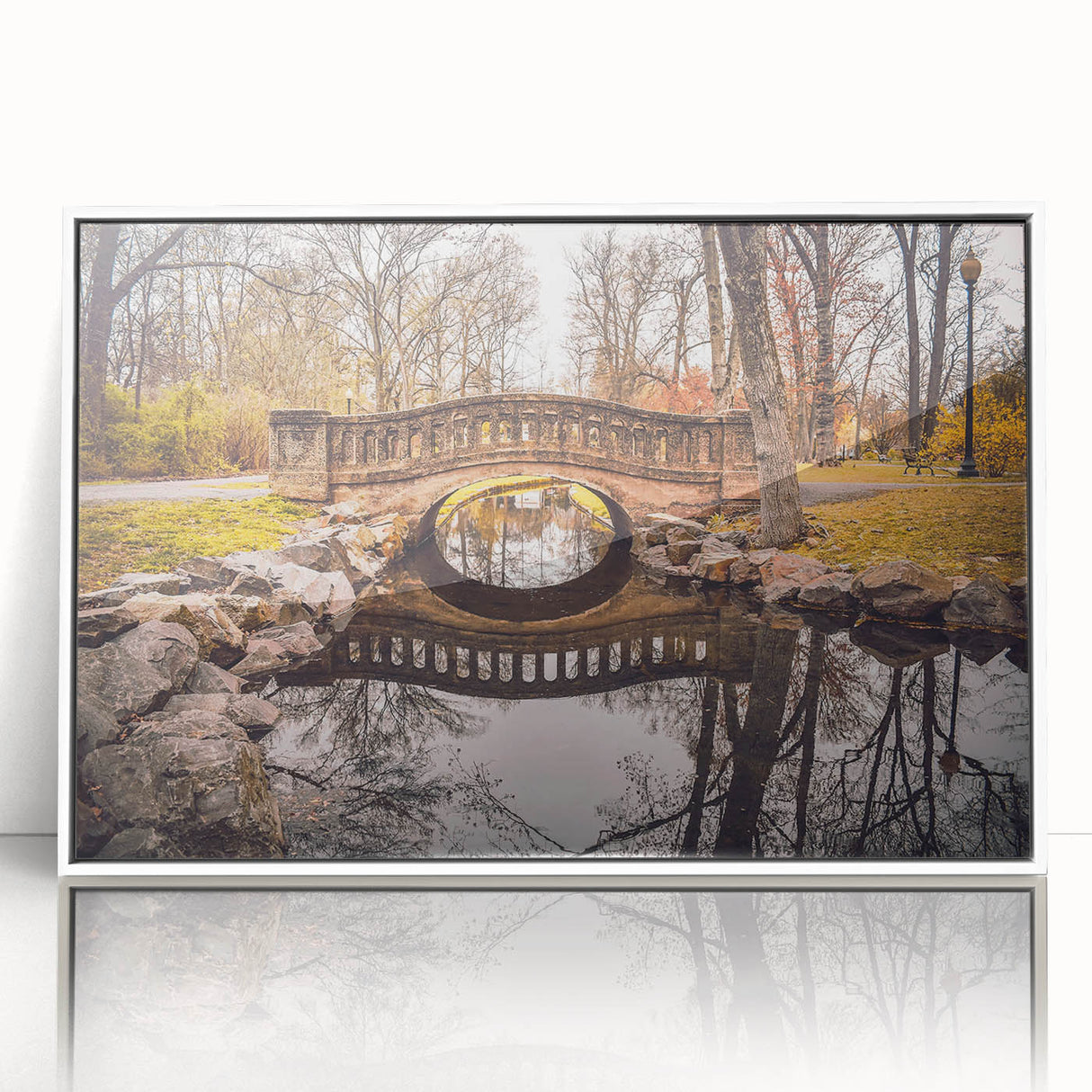 Art deco poster of New Jersey scenery on framed acrylic, with muted blue and green tones, ideal for modern nursery wall art.