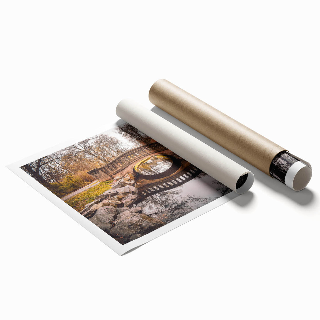 Rolled print of New Jersey scenery with soft pastel shades, floral elements, ideal for classy bathroom wall art.