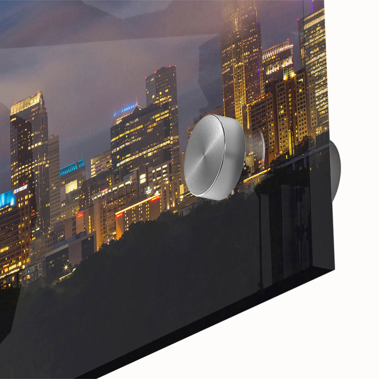 Large abstract wall art of Charlotte skyline in muted blue and gray tones on acrylic glass, ideal for dining room art.