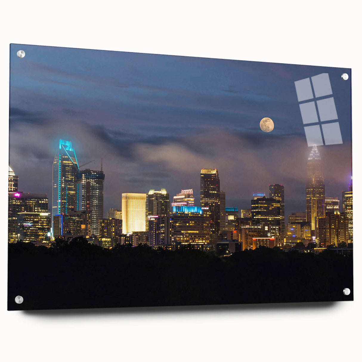 Acrylic print of Charlotte skyline in muted blue and gray, suitable for bedroom or dining room decor.