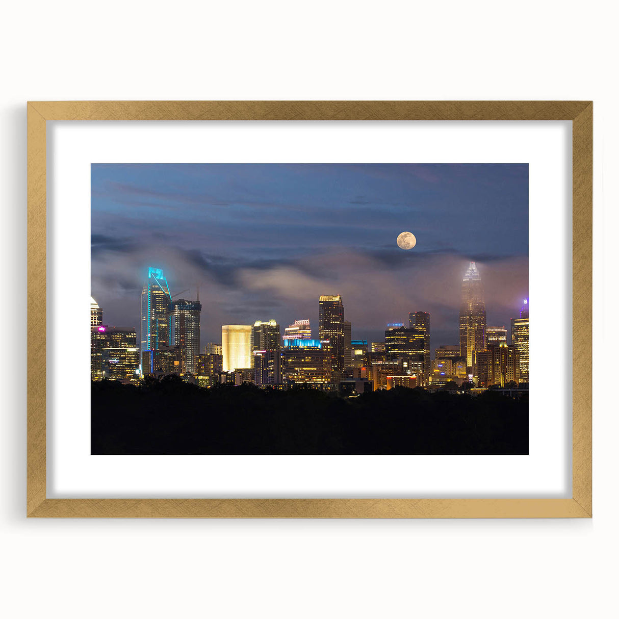 Extra large framed wall art of Charlotte, North Carolina skyline in abstract style with textured gold mat.