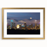 Extra large framed wall art of Charlotte, North Carolina skyline in abstract style with textured gold mat.