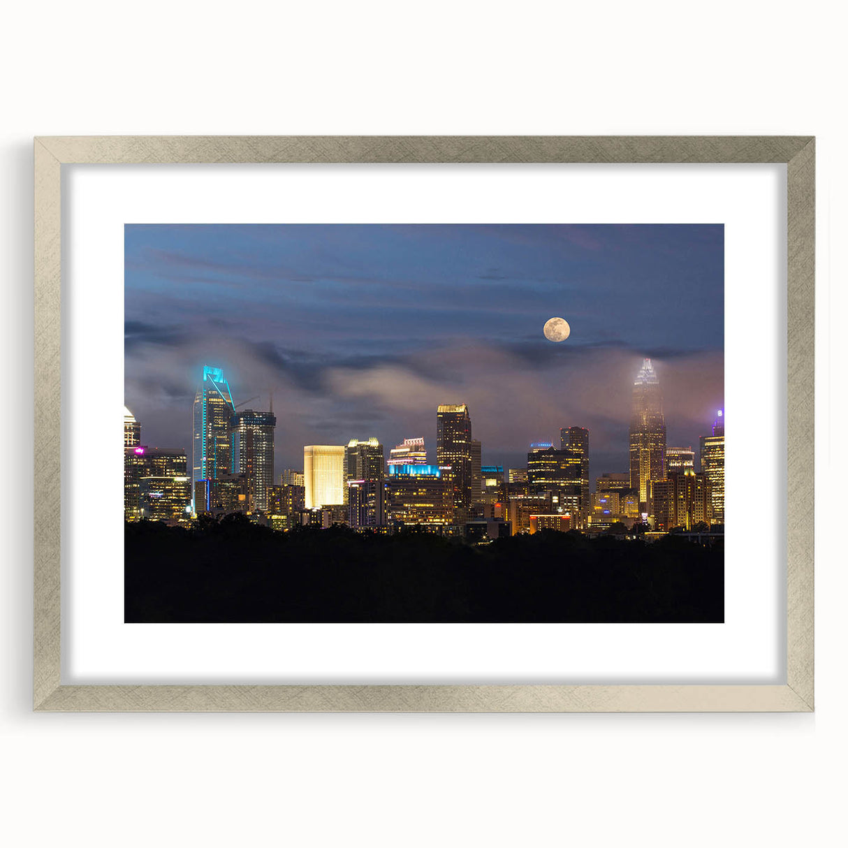 Textured art print of Charlotte skyline in muted gray and blue tones, framed in silver, ideal for bedroom wall decor.