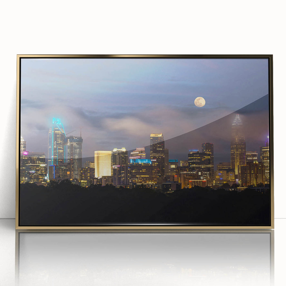 Mid-century modernist Charlotte skyline in muted gold tones on a framed acrylic print, suitable for modern art wall decor.