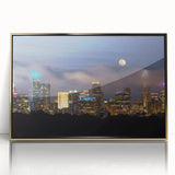 Mid-century modernist Charlotte skyline in muted gold tones on a framed acrylic print, suitable for modern art wall decor.