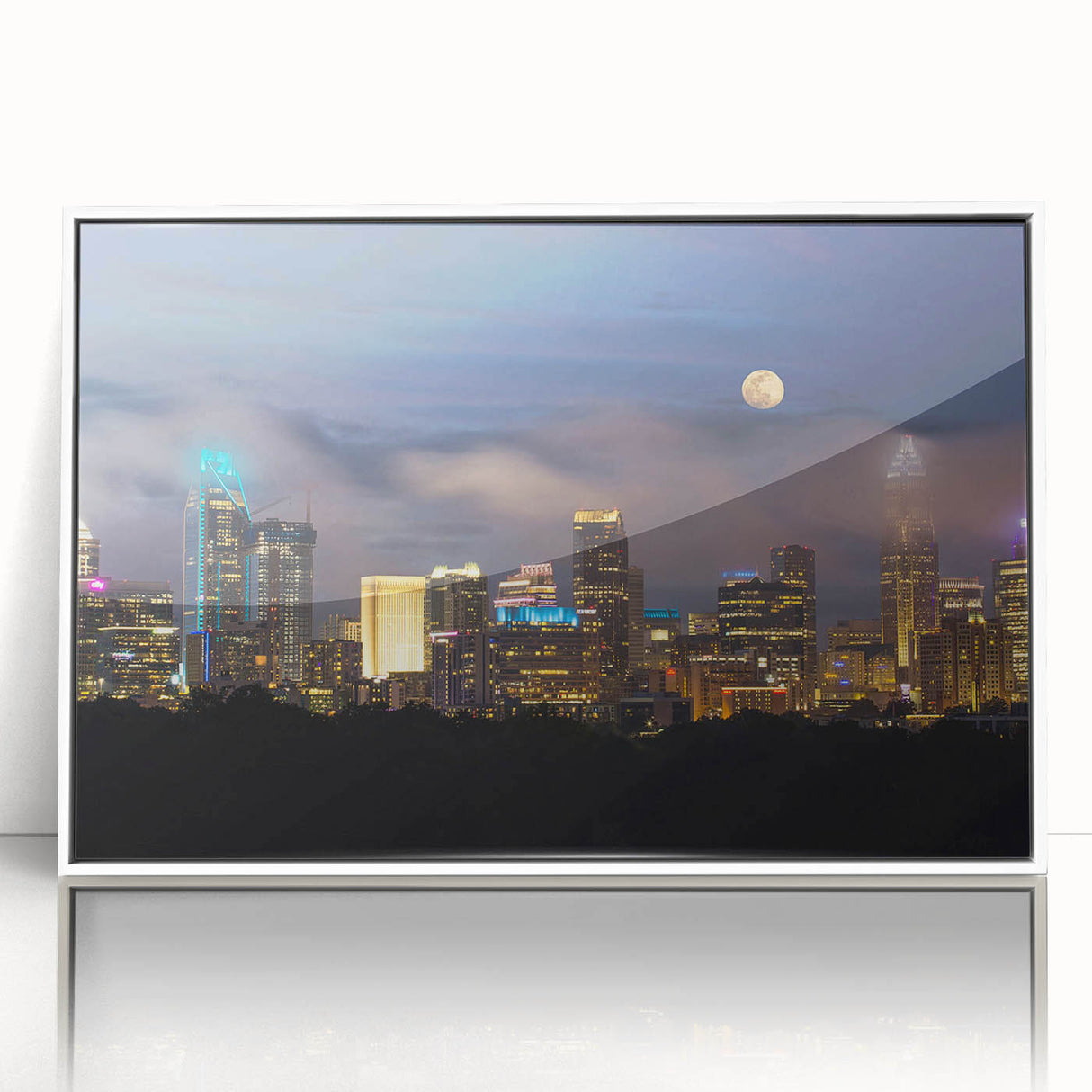Art deco poster of Charlotte skyline in muted blue and white tones, acrylic framed, ideal for nursery wall art.