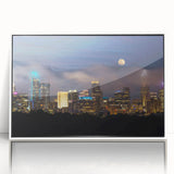 Art deco poster of Charlotte skyline in muted blue and white tones, acrylic framed, ideal for nursery wall art.