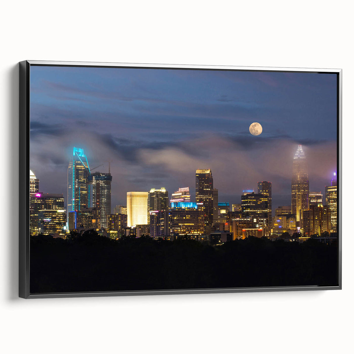 Black and white framed canvas of Charlotte, North Carolina skyline, ideal for bedroom wall decor.