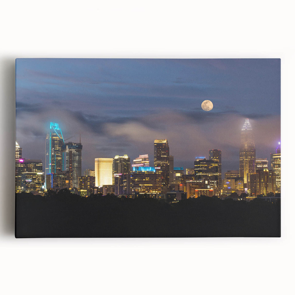 Black and white stretched canvas of Charlotte, North Carolina skyline, suitable as large kitchen art.