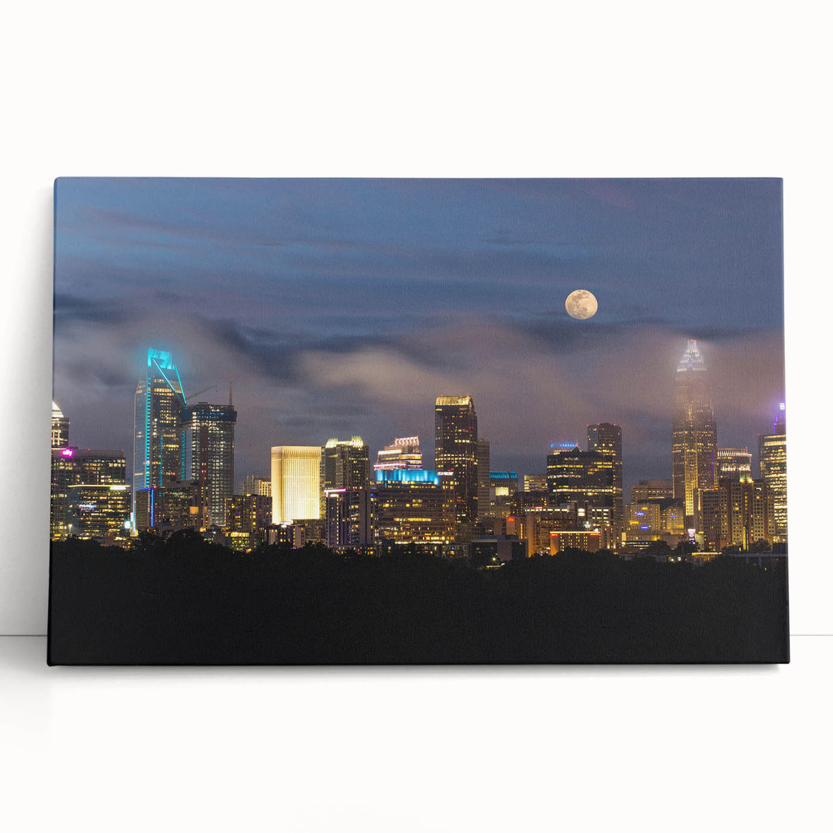 Black and white stretched canvas of Charlotte, North Carolina skyline, ideal for kitchen wall art.