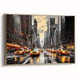 Framed canvas of vintage-style Manhattan skyline in black and gold tones, ideal for bedroom wall art.