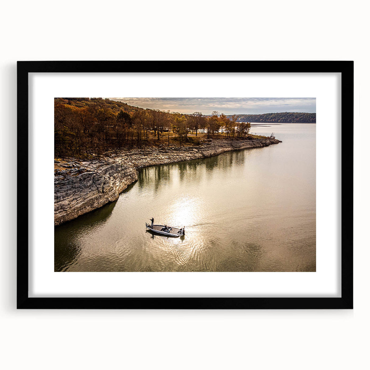 Extra large abstract art print featuring textured, colorful scenery of Oklahoma, in a black frame with mat.