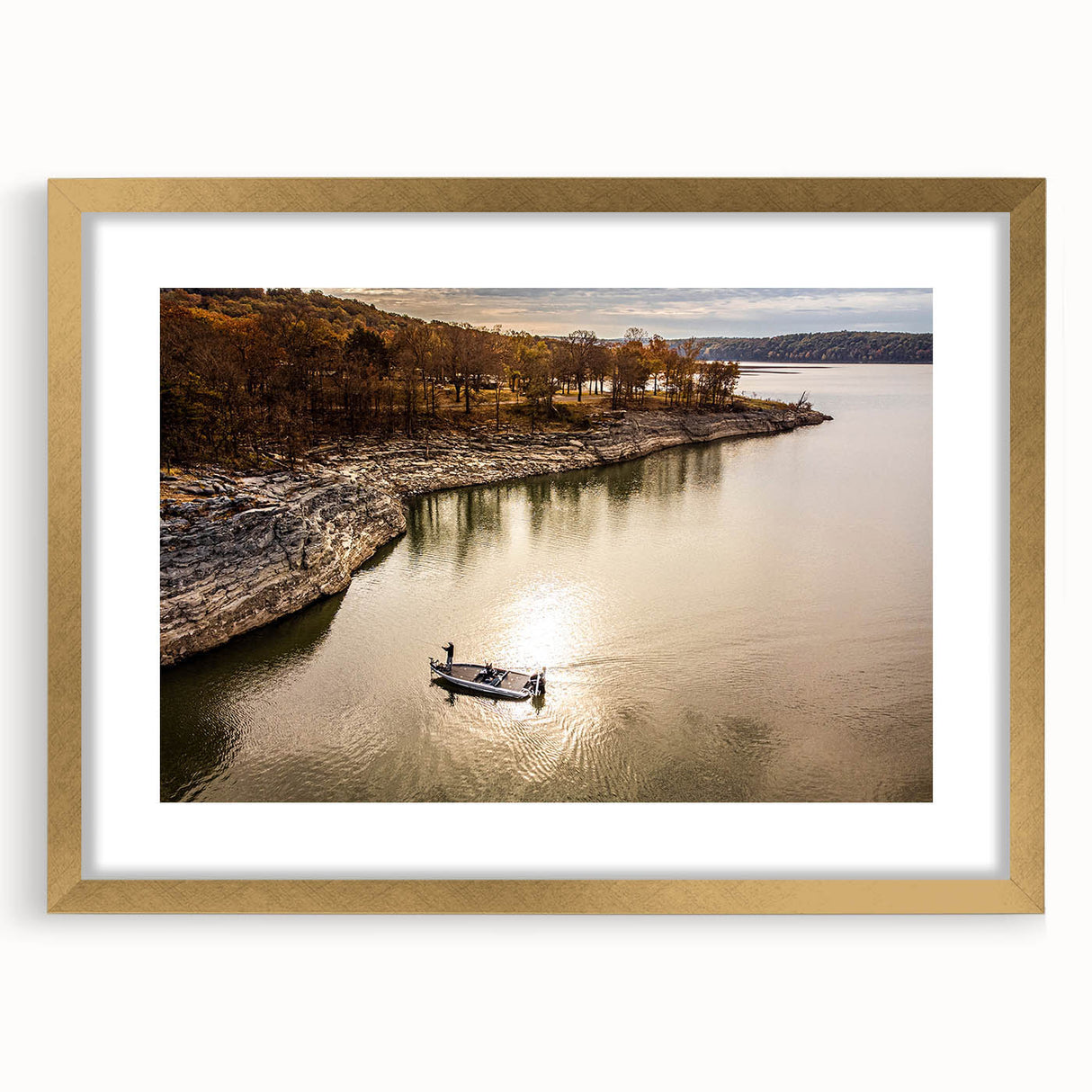 Extra large abstract art print depicting textured Oklahoma scenery in muted earth tones, framed in gold.