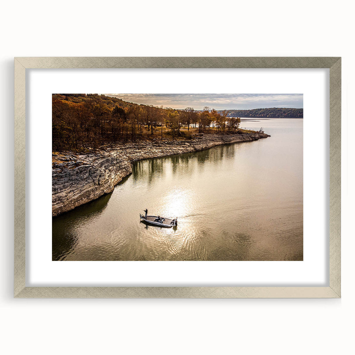 Textured abstract art print of Oklahoma scenery in muted earth tones on a silver-framed mat, ideal for bedroom decor.