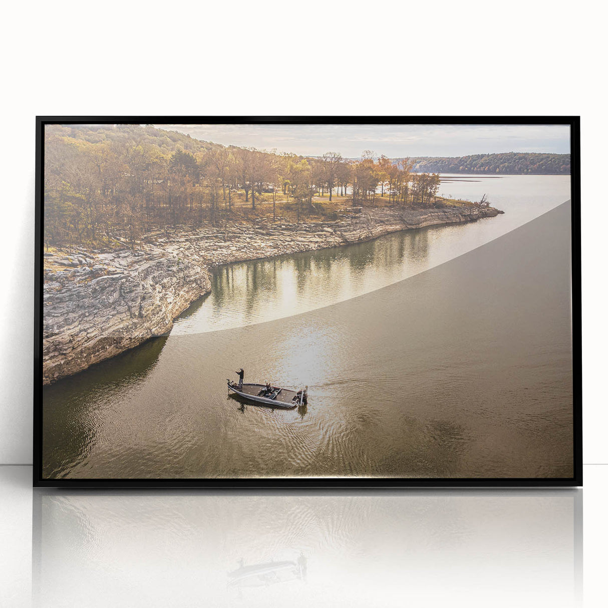 Large abstract wall art featuring a mid-century modernist Oklahoma scenery in black acrylic frame, suited for modern decor.
