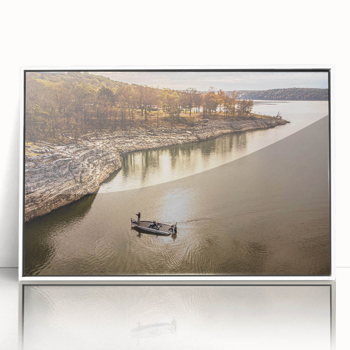 Art deco poster of Oklahoma scenery in muted earth tones on a white framed acrylic, suitable for nursery wall art.
