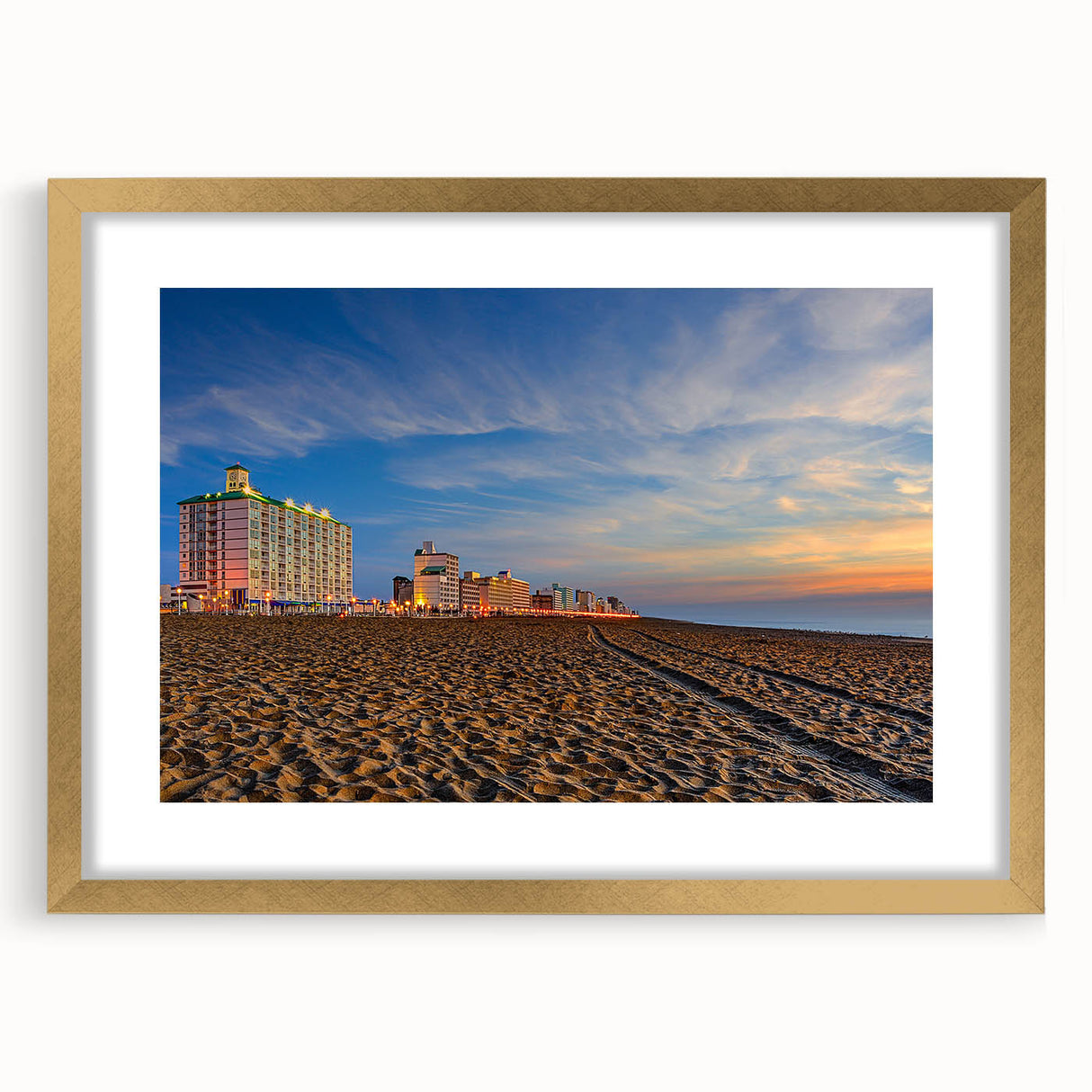 Extra large abstract art print of Virginia scenery in muted earth tones, framed in gold, suitable for living room decor.