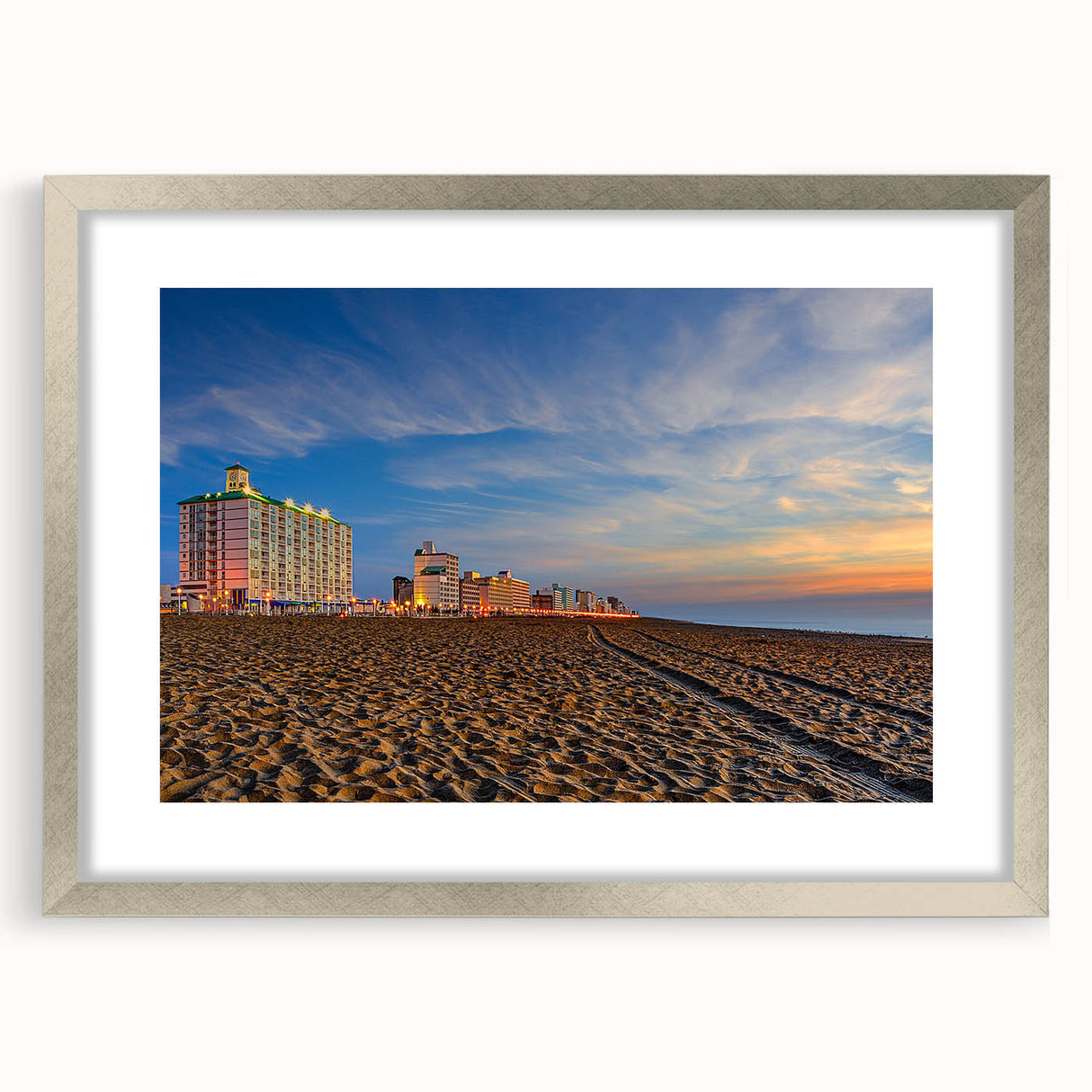 Textured art depicting an abstract Virginia landscape in muted earth tones on a framed silver mat.