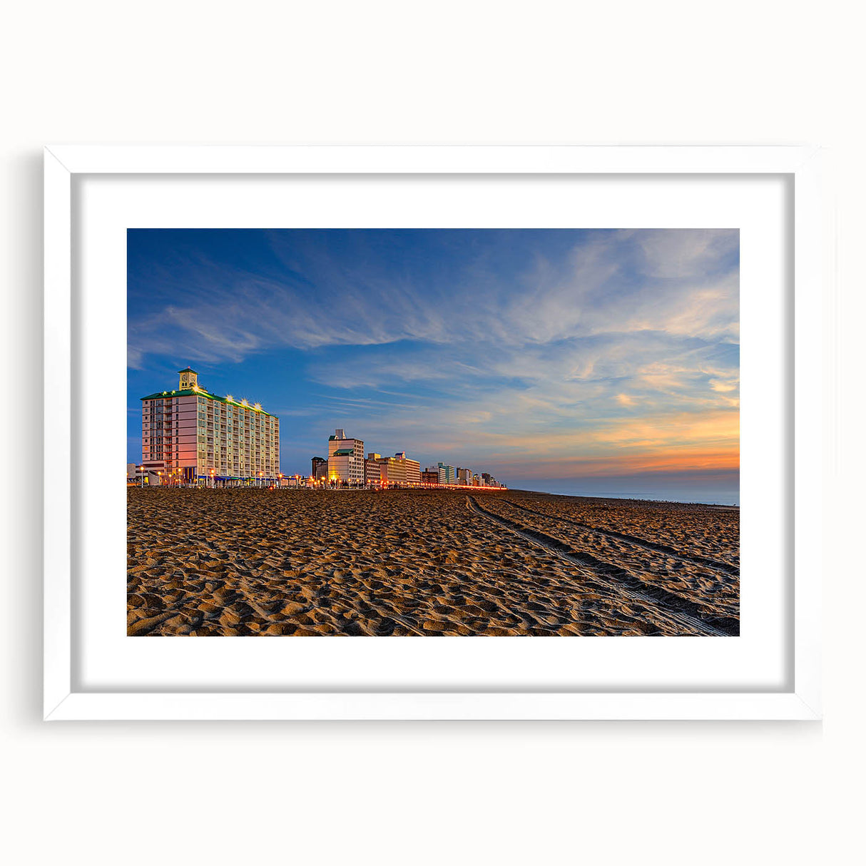 Abstract art print of Virginia scenery in muted green and blue tones on a white framed mat, ideal for dining room decor.