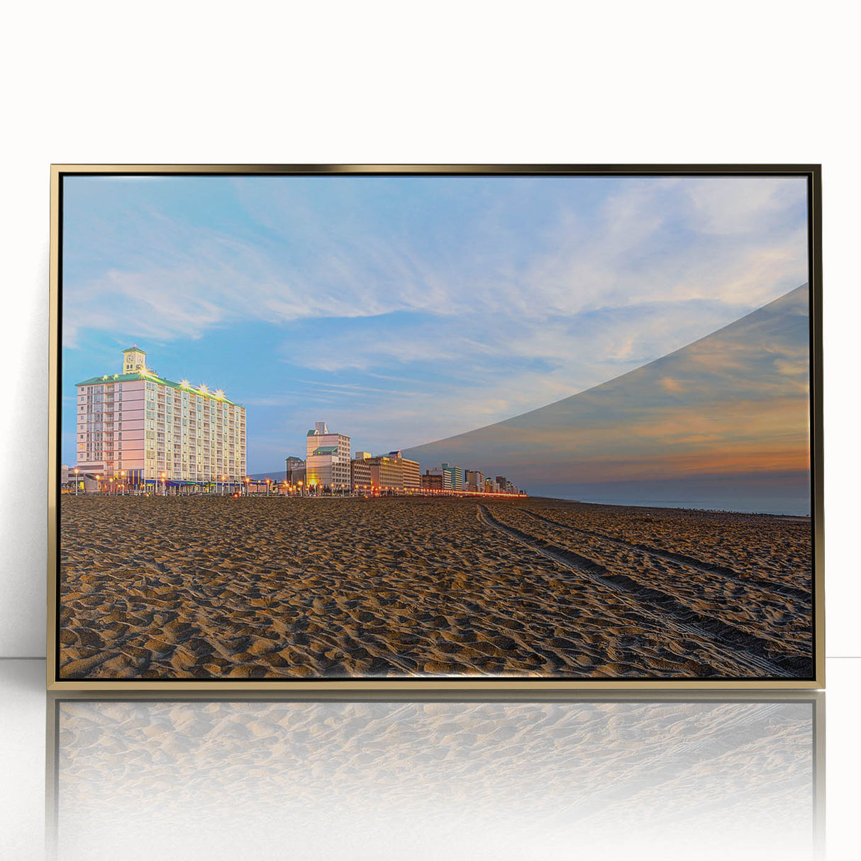 Large art print of a Virginia landscape in mid-century modernist style, featuring muted earth tones on a framed acrylic.