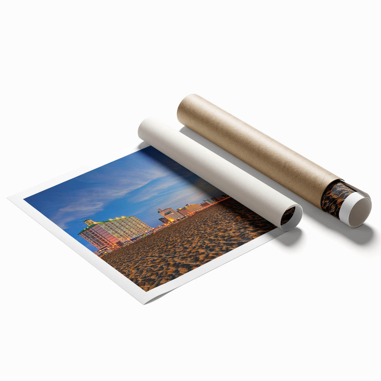Large rolled canvas print featuring a serene Virginia landscape with muted green and blue tones.