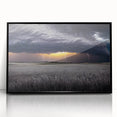 Large abstract wall art of the Palouse landscape in muted green and brown tones, framed in black acrylic.