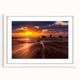 Abstract art print of Seattle skyline in muted blue and gray tones, framed with a white mat, suitable for dining room decor.