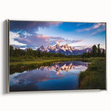 Framed canvas landscape art painting of Wyoming's Grand Tetons with a vintage poster style in colorful art tones.
