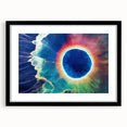 Abstract art print of Yellowstone scenery in vibrant colors on a large framed canvas, ideal for living room decor.