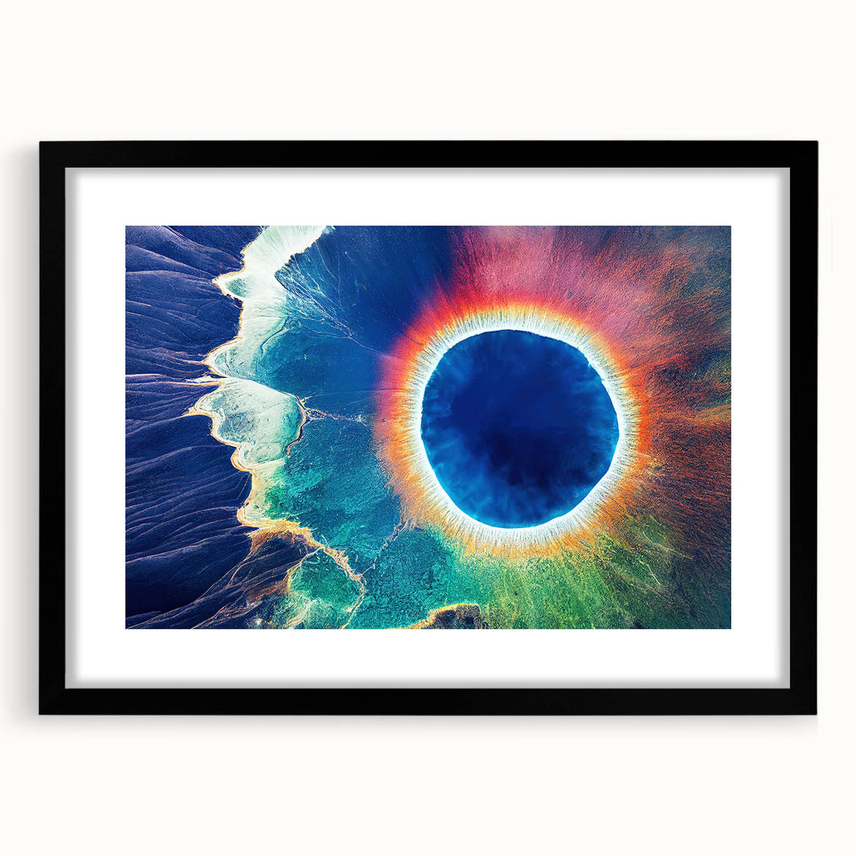 Abstract art print of Yellowstone scenery in vibrant colors on a large framed canvas, ideal for living room decor.