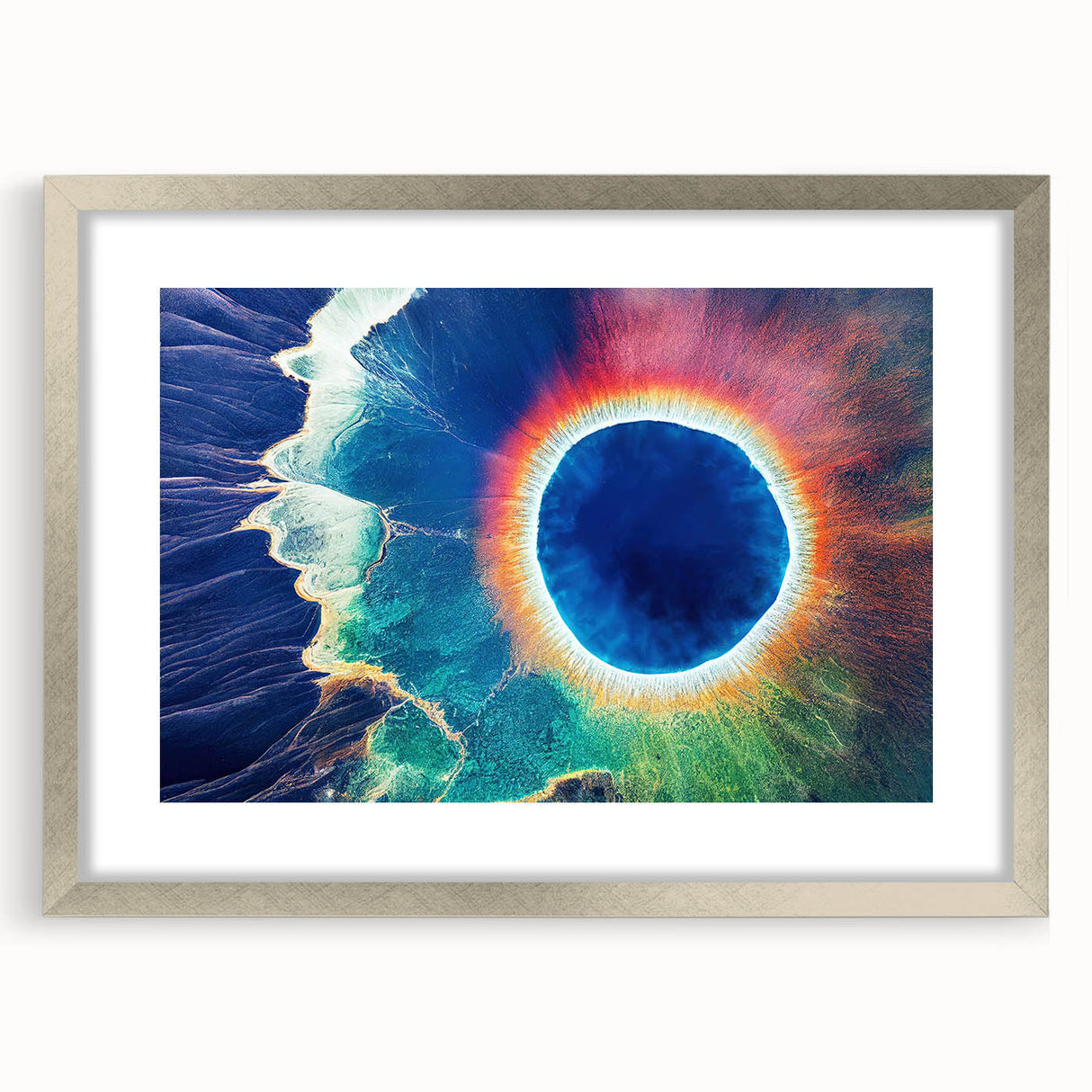 Textured art depicting abstract Yellowstone scenery in muted earth tones on a framed silver mat, ideal for bedroom art.