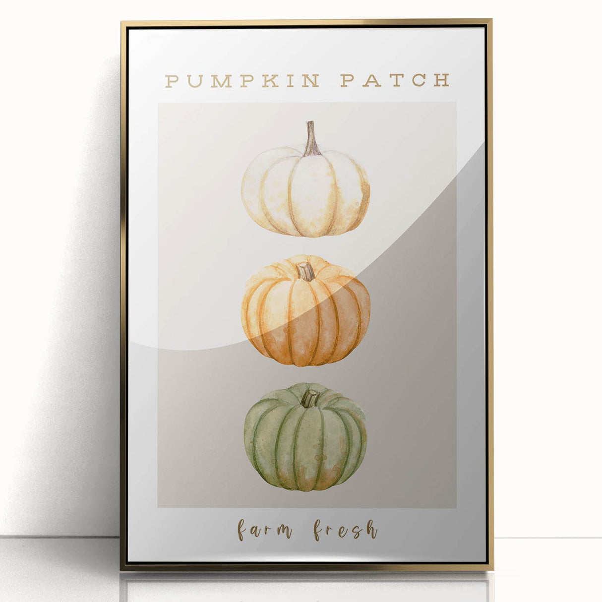 Large art print of a mid-century modernist autumn scene in gold and orange tones on framed acrylic.