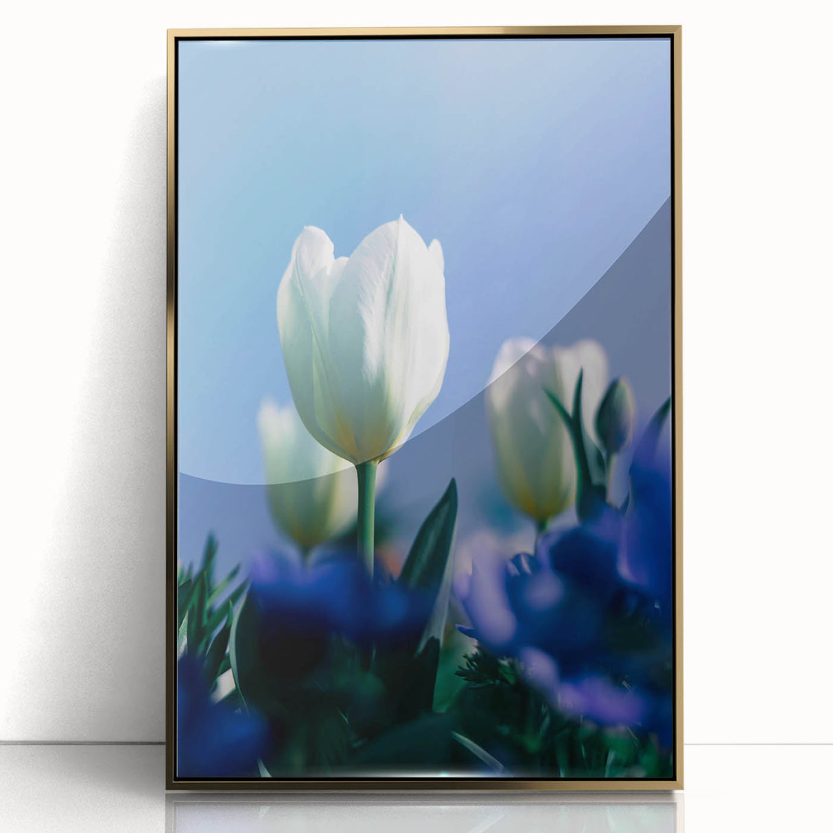 Large art print of a mid-century modernist spring scene in pastel shades, framed in gold acrylic, ideal for nursery wall art.