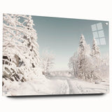 Large abstract wall art depicting winter season in muted blue and white tones on acrylic glass.