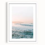Abstract art print featuring swirling blue and white patterns, framed in a white mat.