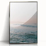 Mid-century modernist art deco poster featuring geometric shapes in muted pastel shades on a silver-framed acrylic print.
