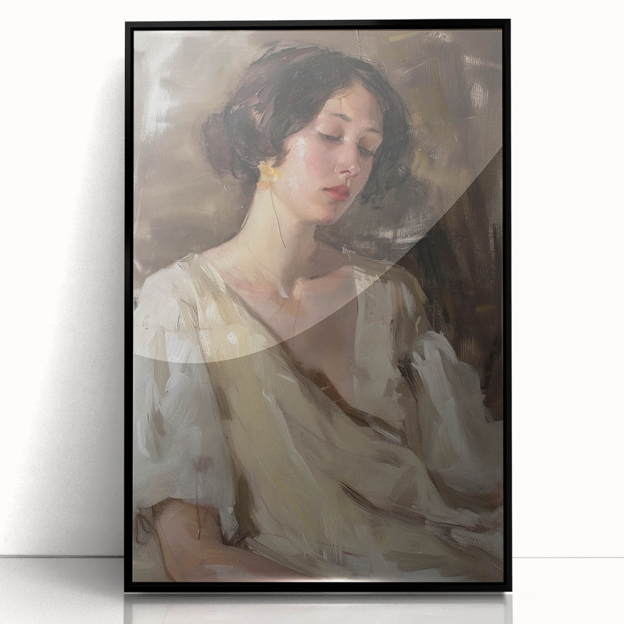 Framed abstract figurative artwork featuring bold black and white shapes, displayed against a minimalist backdrop, ideal for modern home decor.